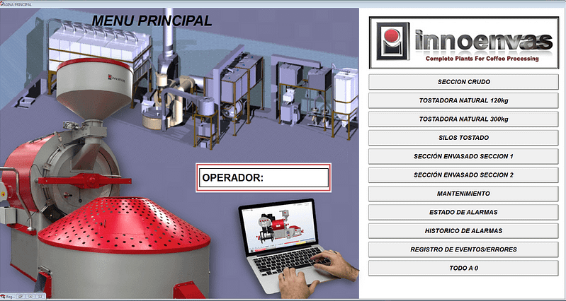 User interface starting screen of the Innoenvas management software for complete coffee processing factory.