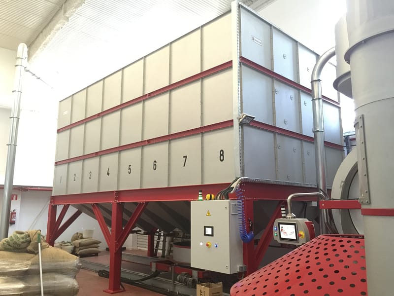 8 silos for green coffee storage with electrical cabinet and moving scale on rails for complete coffee factory