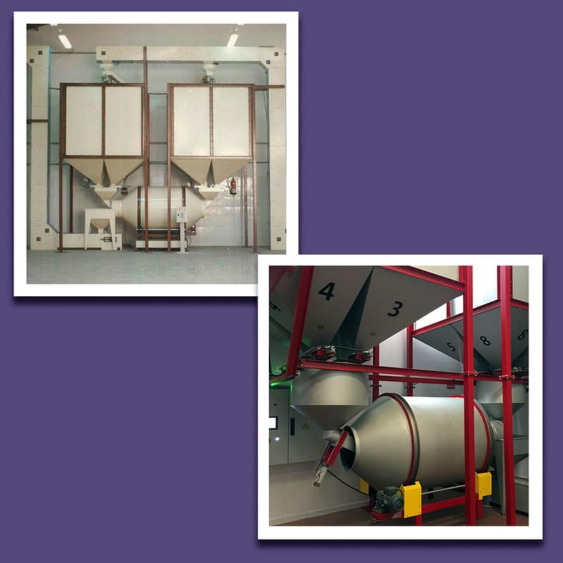 Old coffee storage silos and a mixer and comparison with the new design.