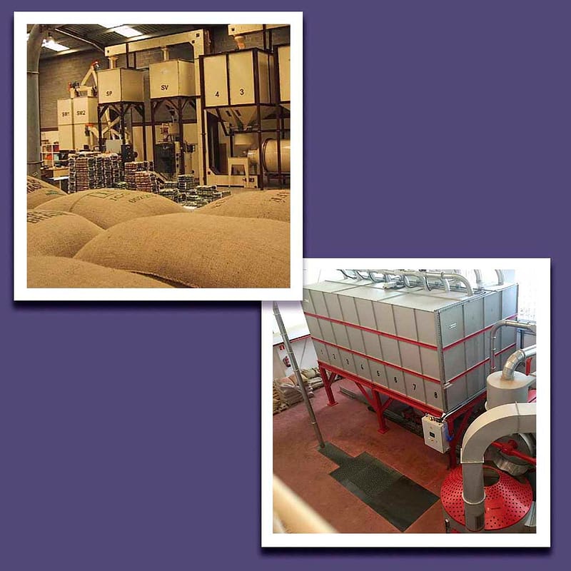 Old coffee storing silos in white colors and and the new coffee storages in grey and red.
